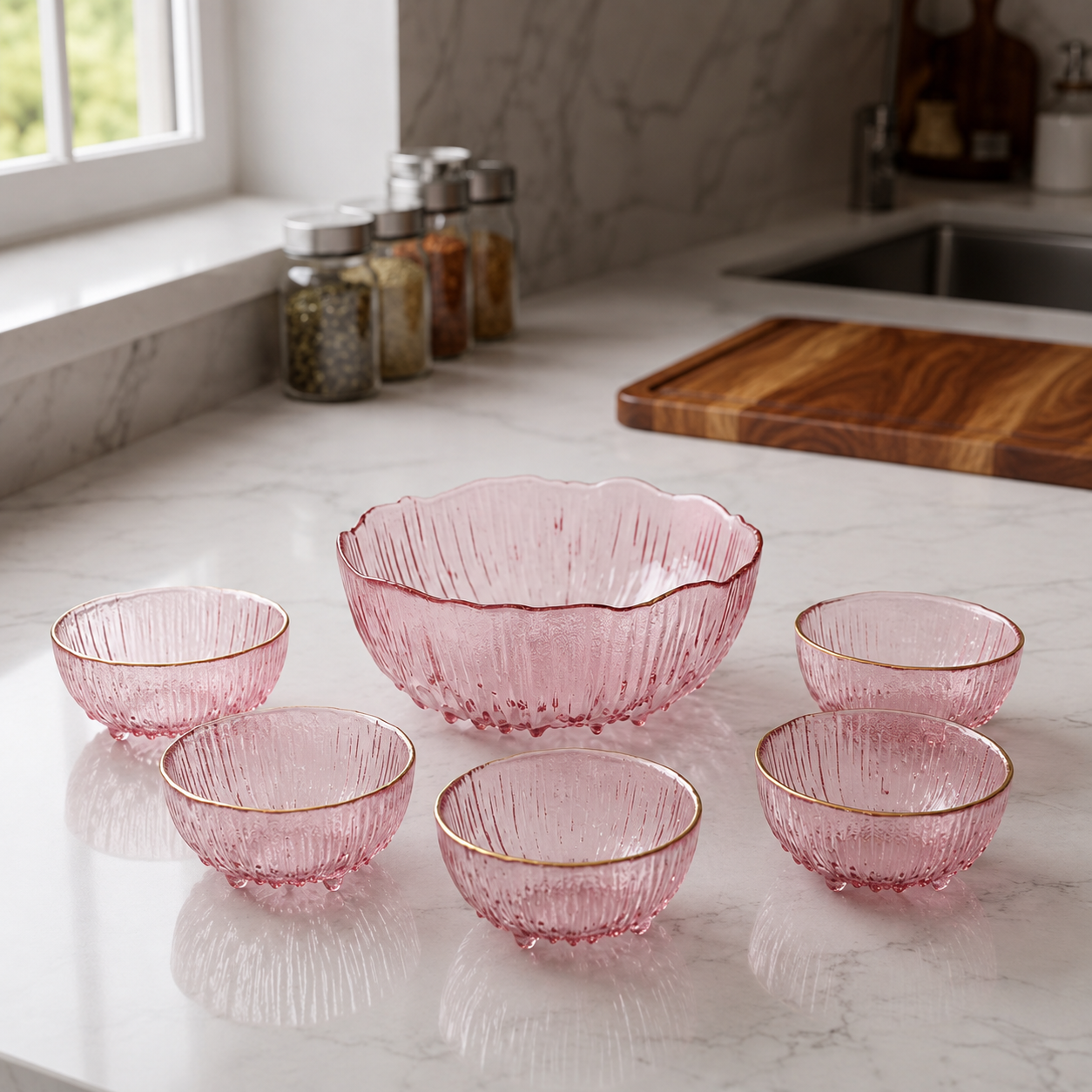 Blush Royale Crystal Glass Bowl Set – 7 Pieces