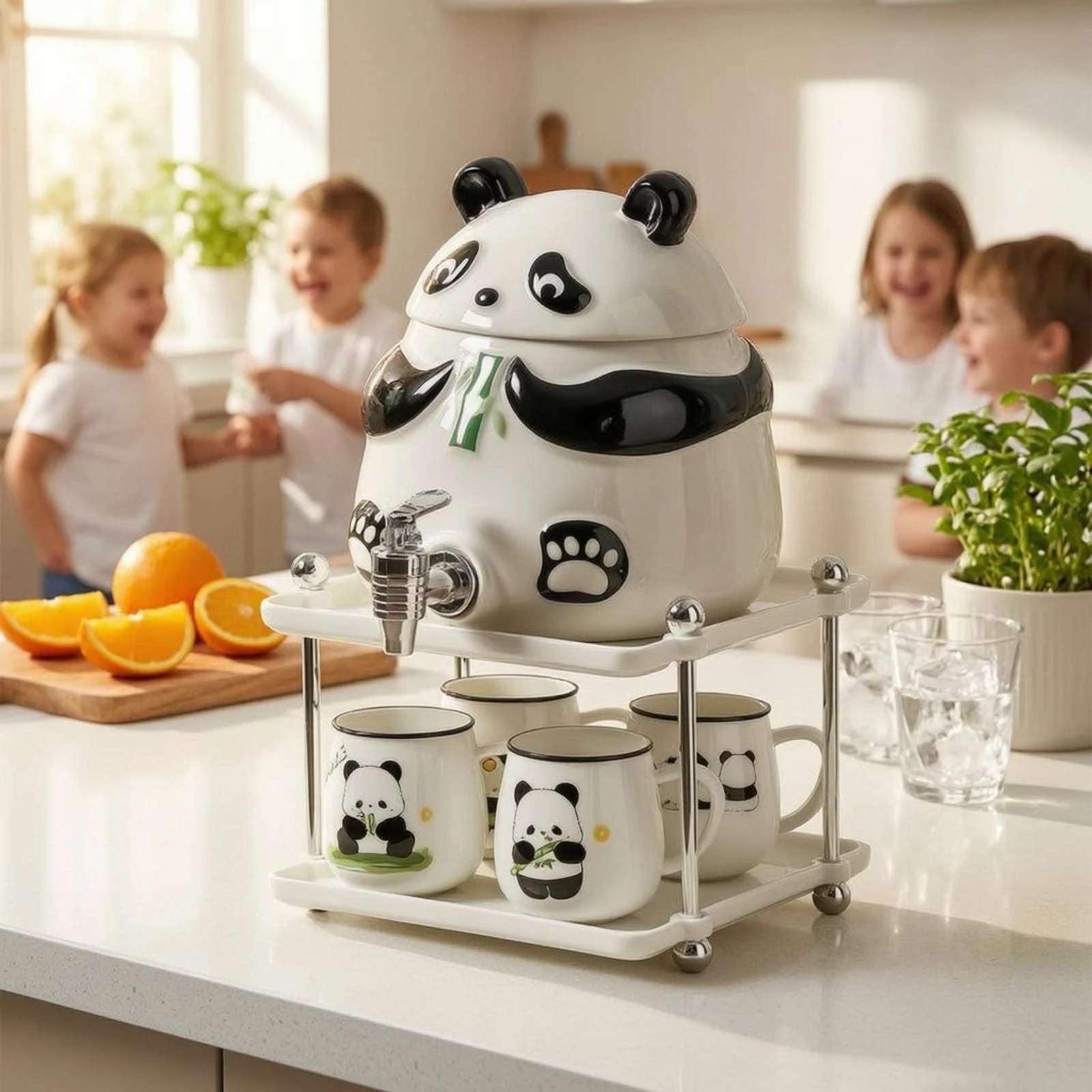 Panda Water Dispenser Front Tap Ceramic Water Dispenser Fitted Lid 1 Dispenser + 4 Cups