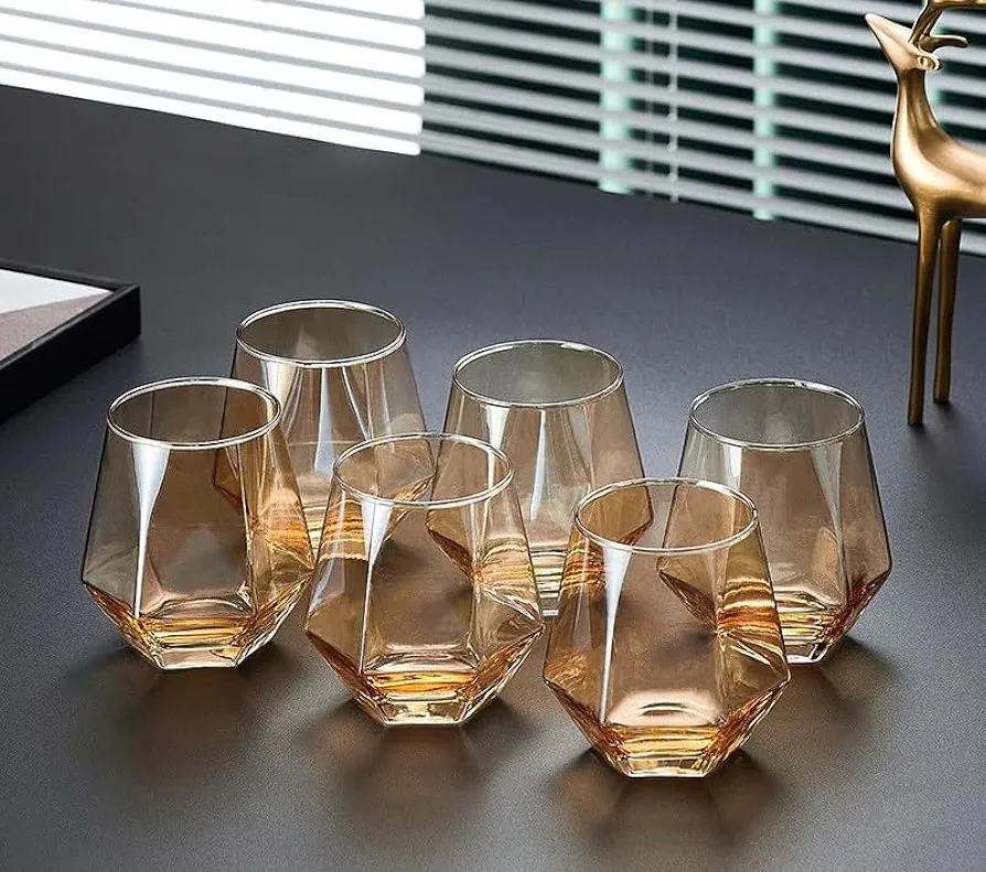 Diamond Cut 6 Pcs Glassware Premium Glass Elegant Gold Colour 250 ml Glass