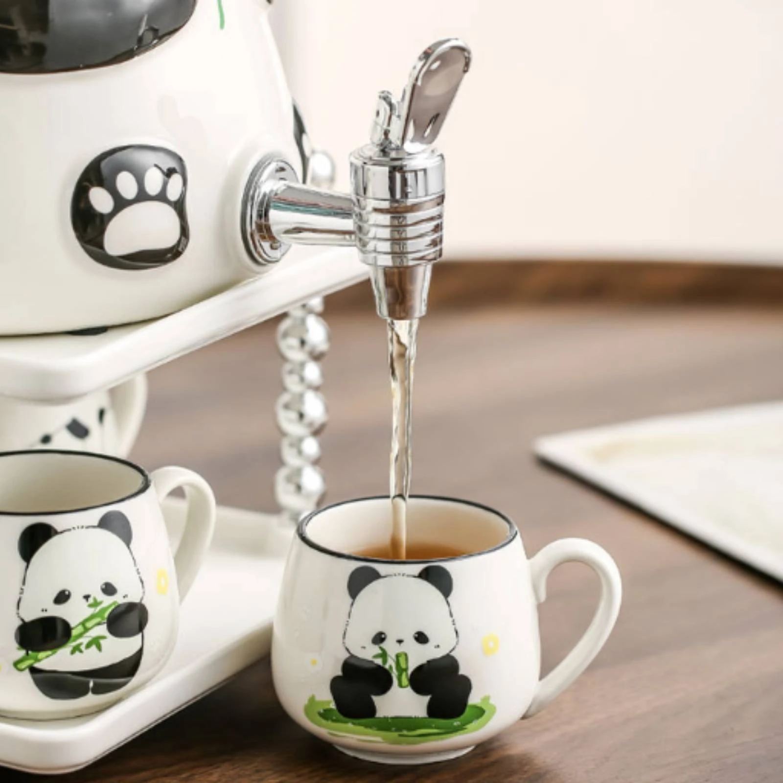 Panda Water Dispenser Front Tap Ceramic Water Dispenser Fitted Lid 1 Dispenser + 4 Cups