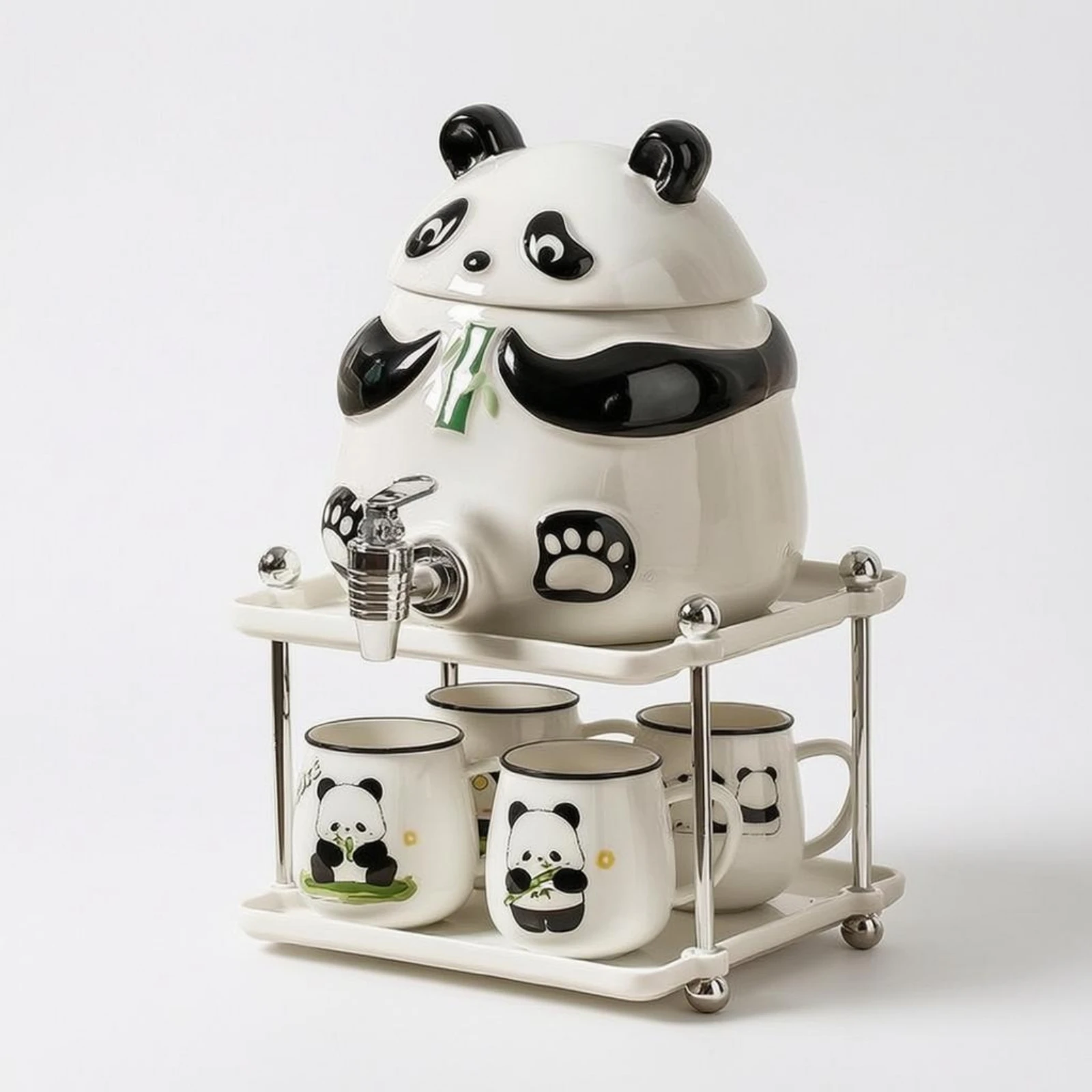 Panda Water Dispenser Front Tap Ceramic Water Dispenser Fitted Lid 1 Dispenser + 4 Cups