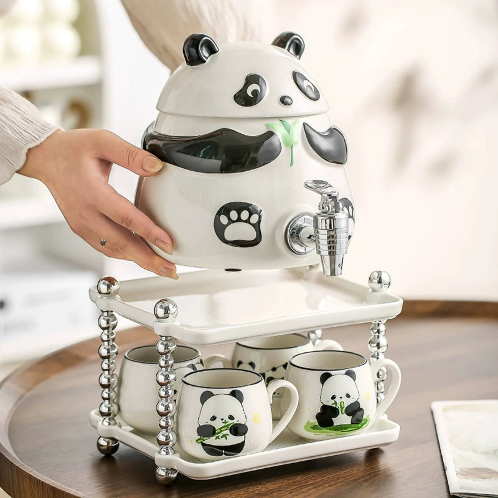Panda Water Dispenser Front Tap Ceramic Water Dispenser Fitted Lid 1 Dispenser + 4 Cups