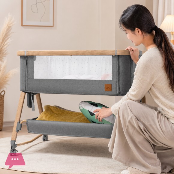 Baby Crib with Swing Rods Wheels & Adjustable Height Bedside Baby Cot - C3