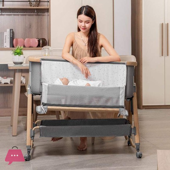 Baby Crib with Swing Rods Wheels & Adjustable Height Bedside Baby Cot - C3