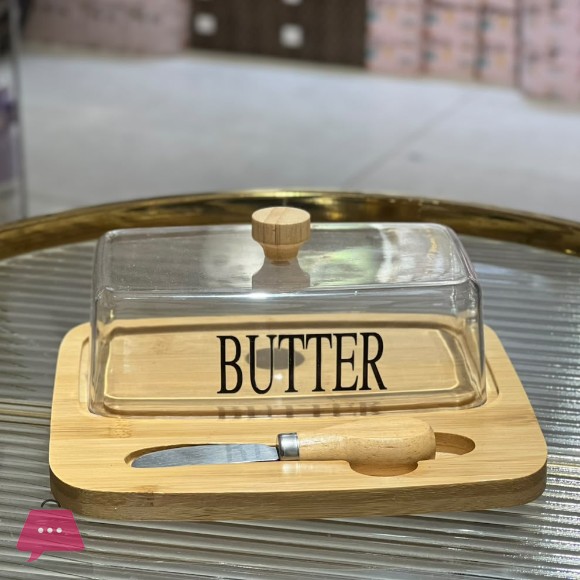 Bamboo Butter Dish Glass Lid & Wooden Tray