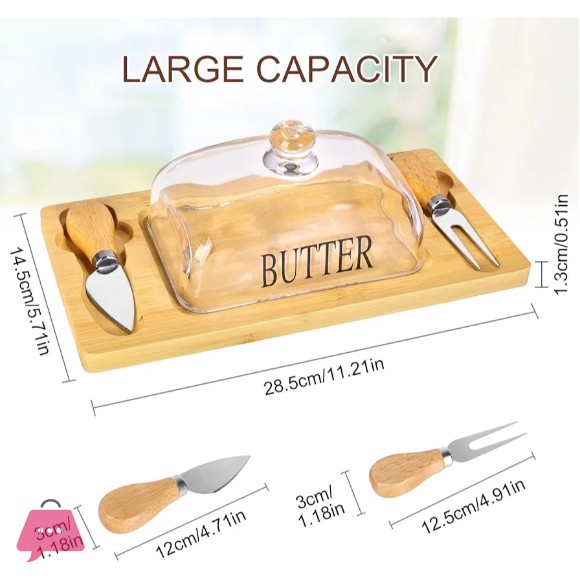 Butter Dish with Glass Lid Bamboo Base Round Clear Butter Dish with Handle