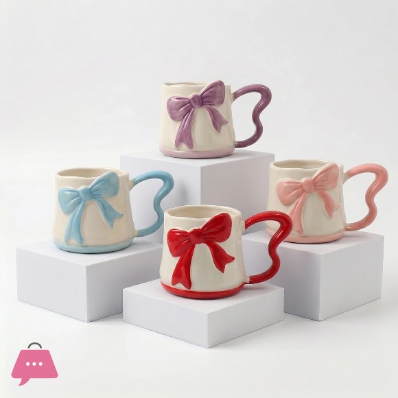 Ceramic Bow-Handle Mugs Pastel Colors