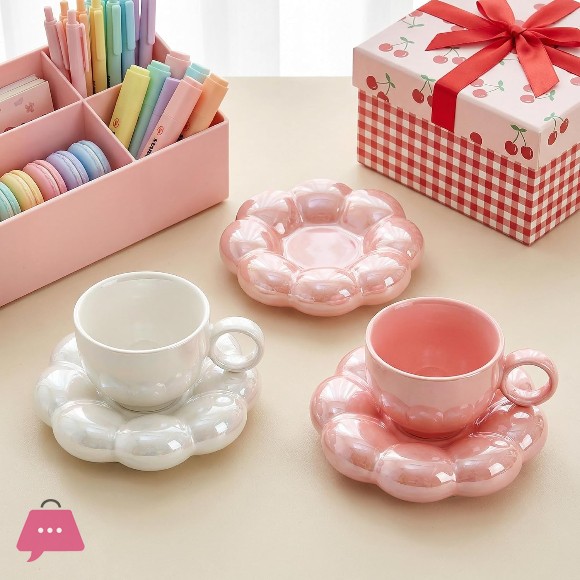 Ceramic Coffee Mug with Saucer Set Cute Cloud Mug with Sunflower Coaster Pink, Pearl White 1Pcs