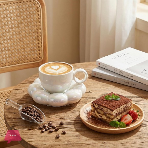 Ceramic Coffee Mug with Saucer Set Cute Cloud Mug with Sunflower Coaster Pink, Pearl White 1Pcs