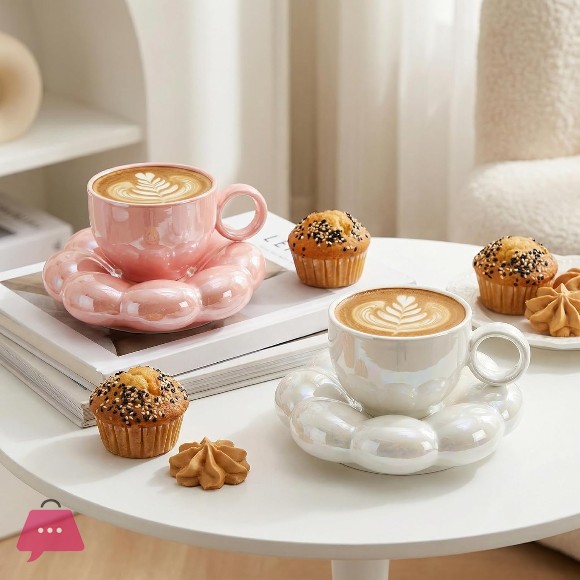 Ceramic Coffee Mug with Saucer Set Cute Cloud Mug with Sunflower Coaster Pink, Pearl White 1Pcs