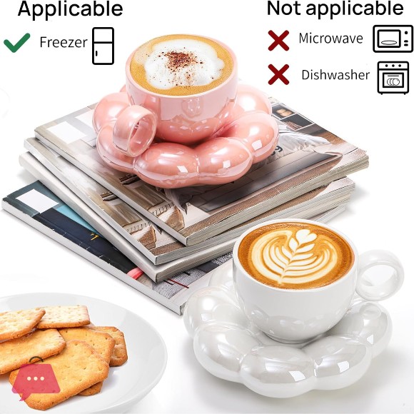 Ceramic Coffee Mug with Saucer Set Cute Cloud Mug with Sunflower Coaster Pink, Pearl White 1Pcs