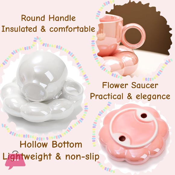 Ceramic Coffee Mug with Saucer Set Cute Cloud Mug with Sunflower Coaster Pink, Pearl White 1Pcs