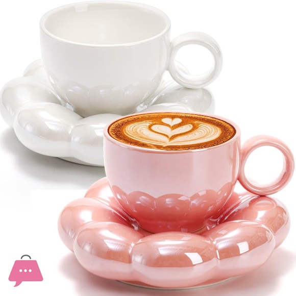 Ceramic Coffee Mug with Saucer Set Cute Cloud Mug with Sunflower Coaster Pink, Pearl White 1Pcs