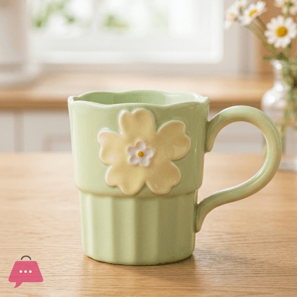 Ceramic Pastel Daisy Floral Design Ribbed Body Scalloped Edge Mug 1Pcs