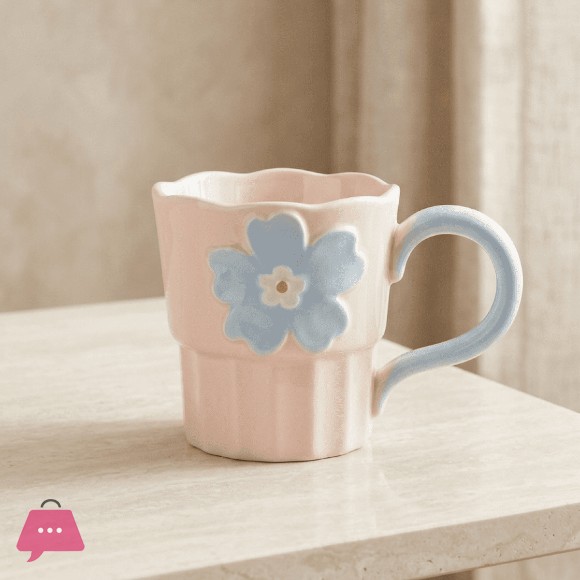 Ceramic Pastel Daisy Floral Design Ribbed Body Scalloped Edge Mug 1Pcs