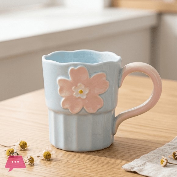 Ceramic Pastel Daisy Floral Design Ribbed Body Scalloped Edge Mug 1Pcs