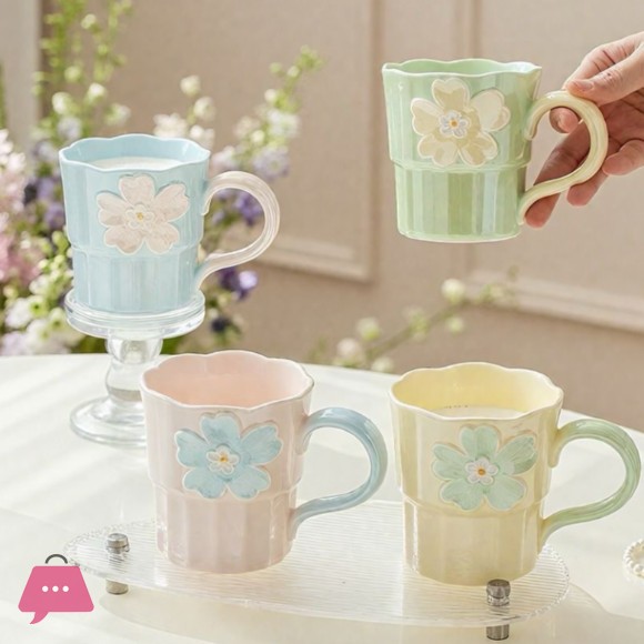 Ceramic Pastel Daisy Floral Design Ribbed Body Scalloped Edge Mug 1Pcs