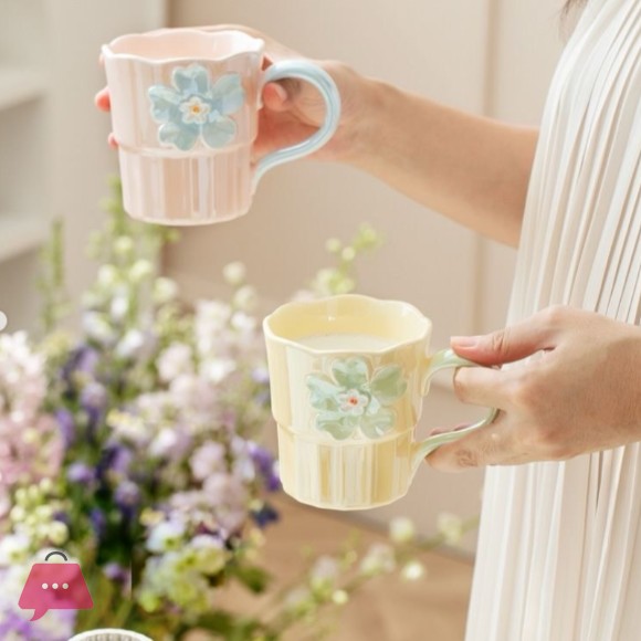 Ceramic Pastel Daisy Floral Design Ribbed Body Scalloped Edge Mug 1Pcs