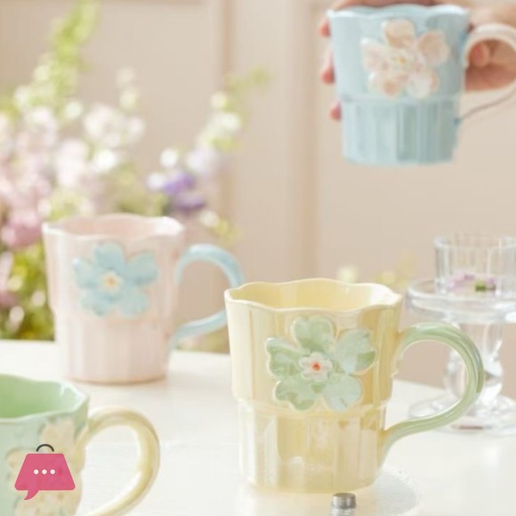 Ceramic Pastel Daisy Floral Design Ribbed Body Scalloped Edge Mug 1Pcs