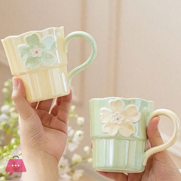 Ceramic Pastel Daisy Floral Design Ribbed Body Scalloped Edge Mug 1Pcs