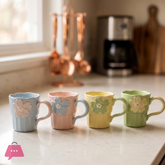 Ceramic Pastel Daisy Floral Design Ribbed Body Scalloped Edge Mug 1Pcs