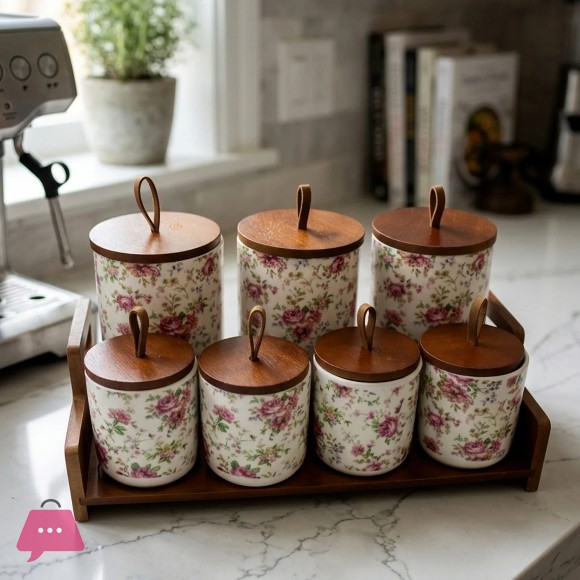 Ceramic Storage Jar Set with Wooden Lids and Display Stand