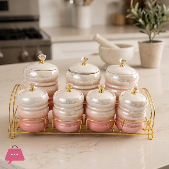 Ceramic Storage Jar Set with Wooden Lids and Display Stand
