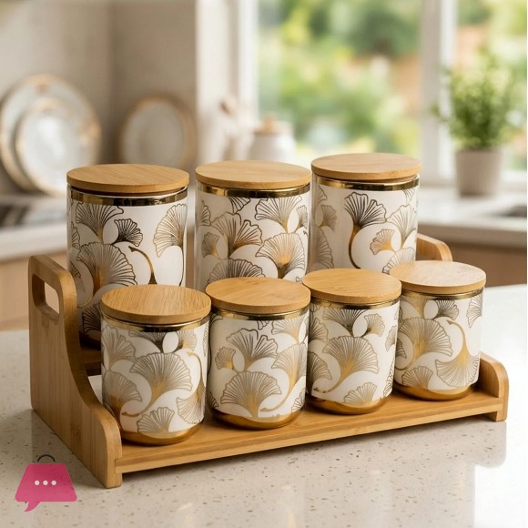Ceramic Jar Set with Wooden Lids Bamboo Stand
