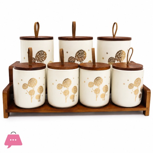 Ceramic Storage Jar Set with Wooden Lids and Display Stand