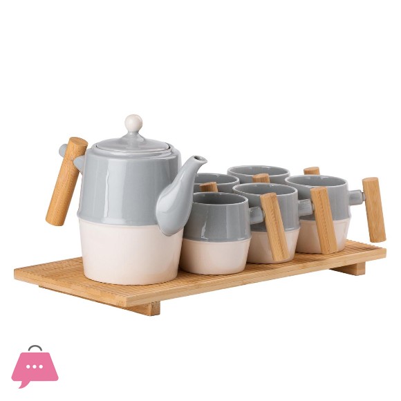 Ceramic Tea Cups Sets with Wooden Trays 6 Tea Cup and Tea Kettle with Wooden Handle
