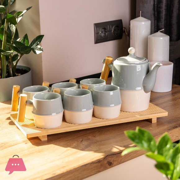 Ceramic Tea Cups Sets with Wooden Trays 6 Tea Cup and Tea Kettle with Wooden Handle