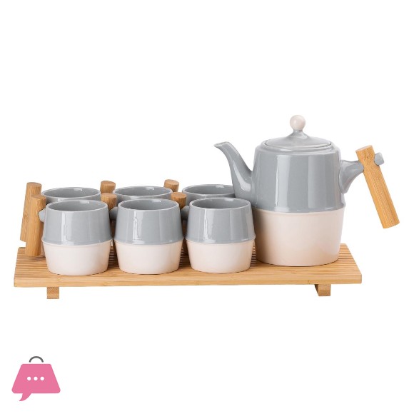 Ceramic Tea Cups Sets with Wooden Trays 6 Tea Cup and Tea Kettle with Wooden Handle