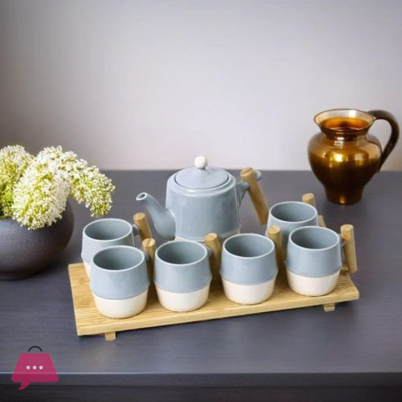 Ceramic Tea Cups Sets with Wooden Trays 6 Tea Cup and Tea Kettle with Wooden Handle