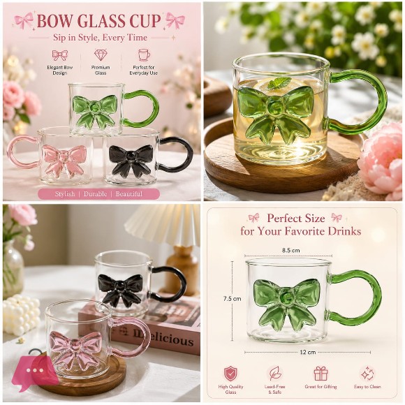 Creative Bow Glass Mug 300ml – Rose Handled Glass Cup