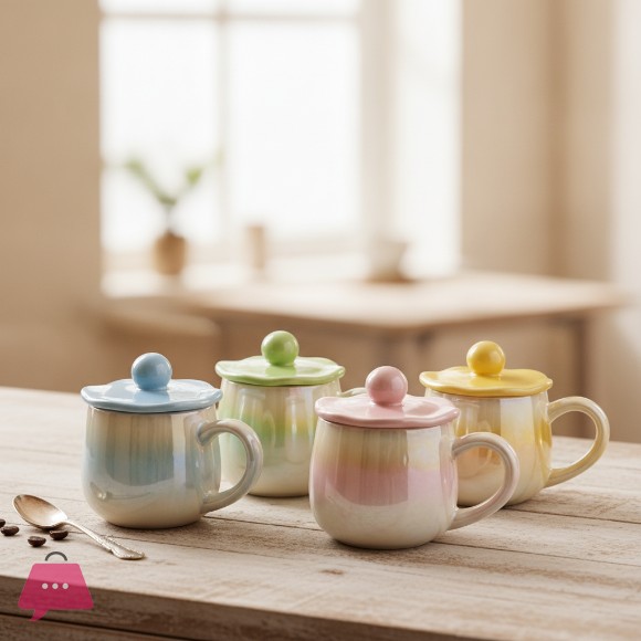 Creative Gradient Color Porcelain Ceramic Mug with Lid 1Pcs