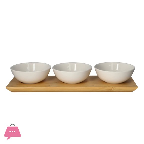 Danny Home Topping Platter Bamboo Tray & Ceramic Bowls 4pcs