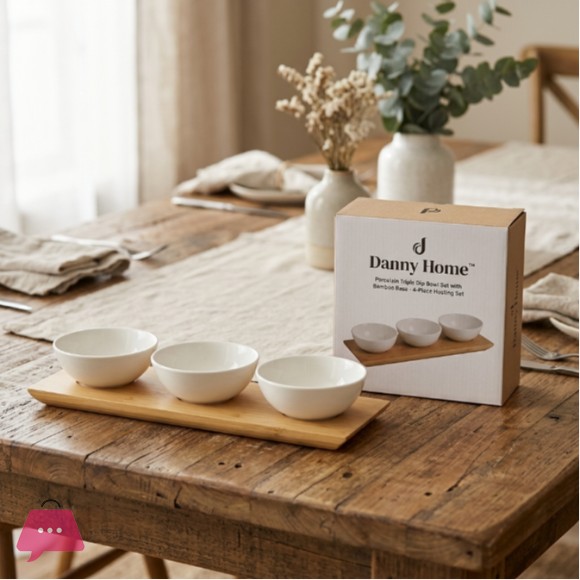 Danny Home Topping Platter Bamboo Tray & Ceramic Bowls 4pcs