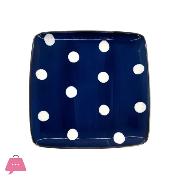 Danny Home White Dot Design Blue Square Dinner Plate - 8Inch