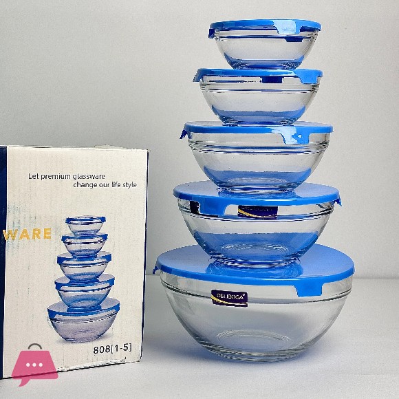 Deli Soga Glass Bowls with Blue Lids 5 Pcs