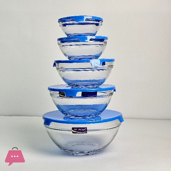 Deli Soga Glass Bowls with Blue Lids 5 Pcs