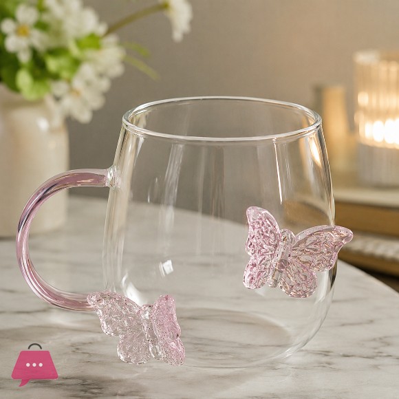 Elegant 3D Pink Butterfly Glass Mug 1Pcs