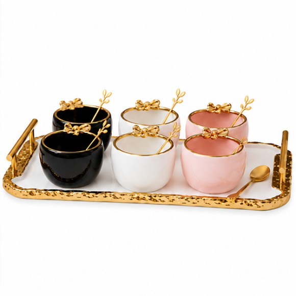 Elegant Ceramic Dessert Bowls Set with Spoons & Tray 6-PCS