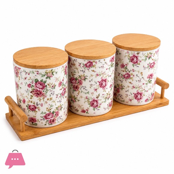 Floral Ceramic Storage Jar Set with Wooden Lids and Tray