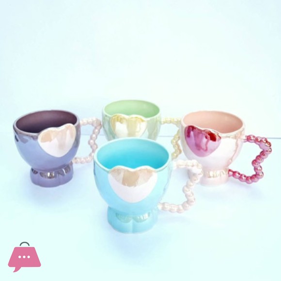 Heart Handle Ceramic Coffee Mug – Cute Pastel Tea Cup with Beaded Handle