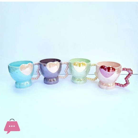 Heart Handle Ceramic Coffee Mug – Cute Pastel Tea Cup with Beaded Handle