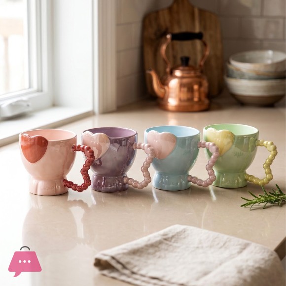 Heart Handle Ceramic Coffee Mug – Cute Pastel Tea Cup with Beaded Handle