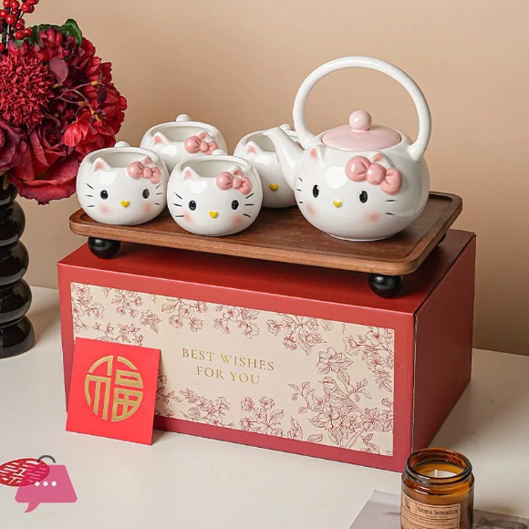 Hello Kitty Ceramic Teapot Tea Set Gift Box Cute Kettle Teacup Housewarming New Home Gift