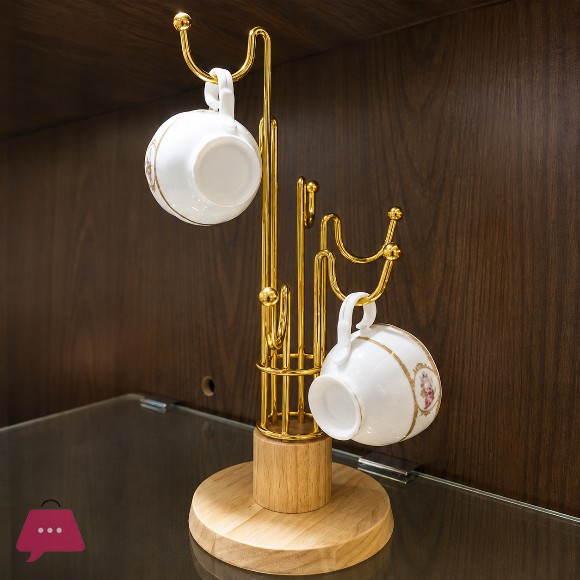 High Quality Wooden Base Stainless Steel Cup Stand Golden Color