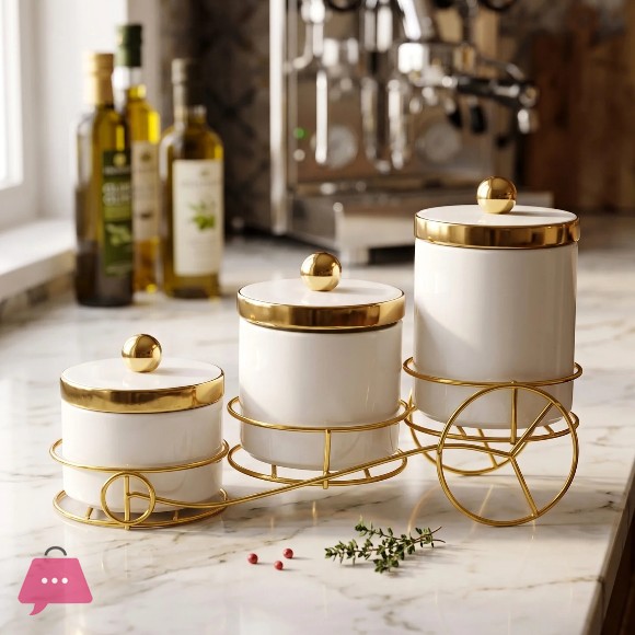 Luxury Ceramic Canister Set with Metal Stand 3-Piece Storage Jars for Kitchen Coffee Sugar & Spices