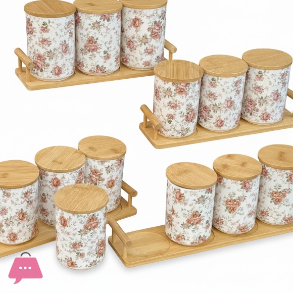 Floral Ceramic Storage Jar Set with Wooden Lids and Tray